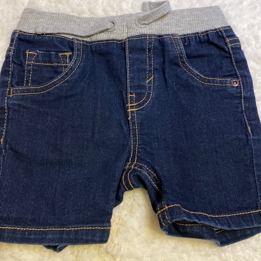 a Toughskins  solid blue stretch comfort waist draw string denim shorts 18 mos